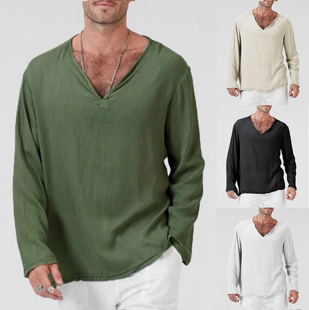 Men's Casual V-Neck Long Sleeves Solid Color Shirt