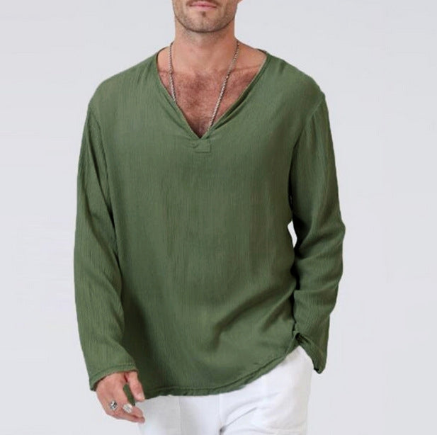 Men's Casual V-Neck Long Sleeves Solid Color Shirt