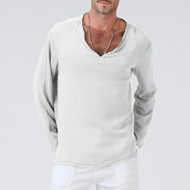 Men's Casual V-Neck Long Sleeves Solid Color Shirt