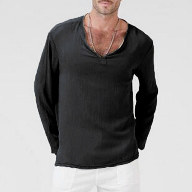 Men's Casual V-Neck Long Sleeves Solid Color Shirt