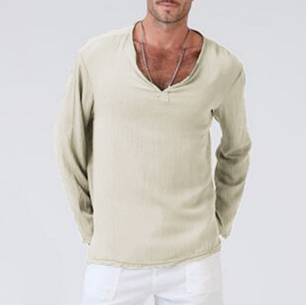 Men's Casual V-Neck Long Sleeves Solid Color Shirt