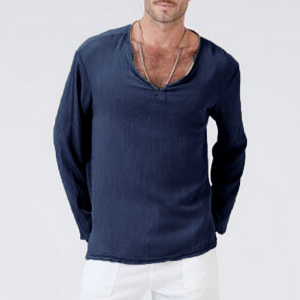 Men's Casual V-Neck Long Sleeves Solid Color Shirt