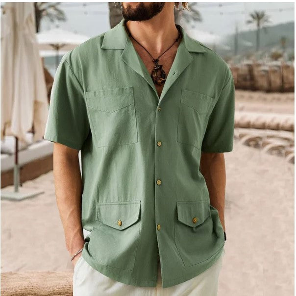 Men's Lapel Casual Short Sleeves Solid Color Shirt with Pockets