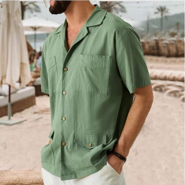 Men's Lapel Casual Short Sleeves Solid Color Shirt with Pockets