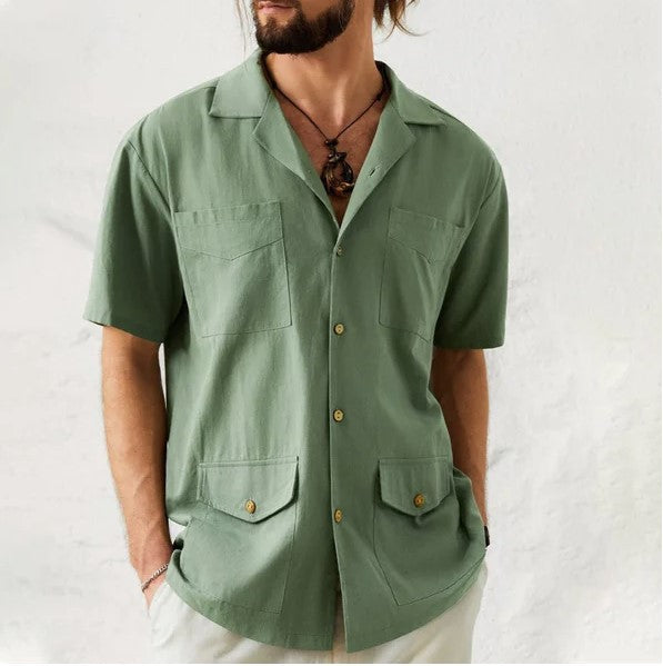 Men's Lapel Casual Short Sleeves Solid Color Shirt with Pockets