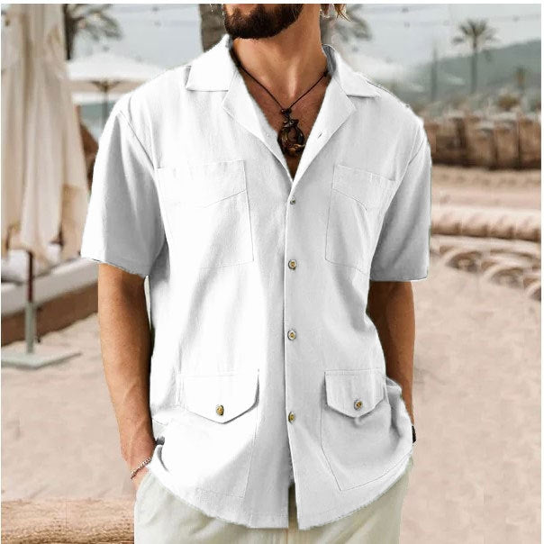 Men's Lapel Casual Short Sleeves Solid Color Shirt with Pockets