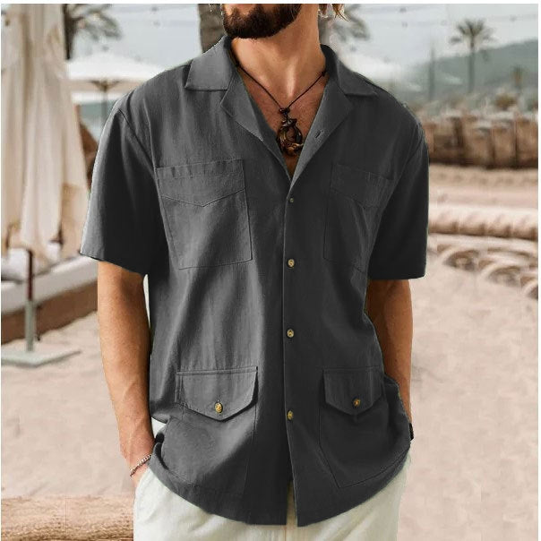 Men's Lapel Casual Short Sleeves Solid Color Shirt with Pockets