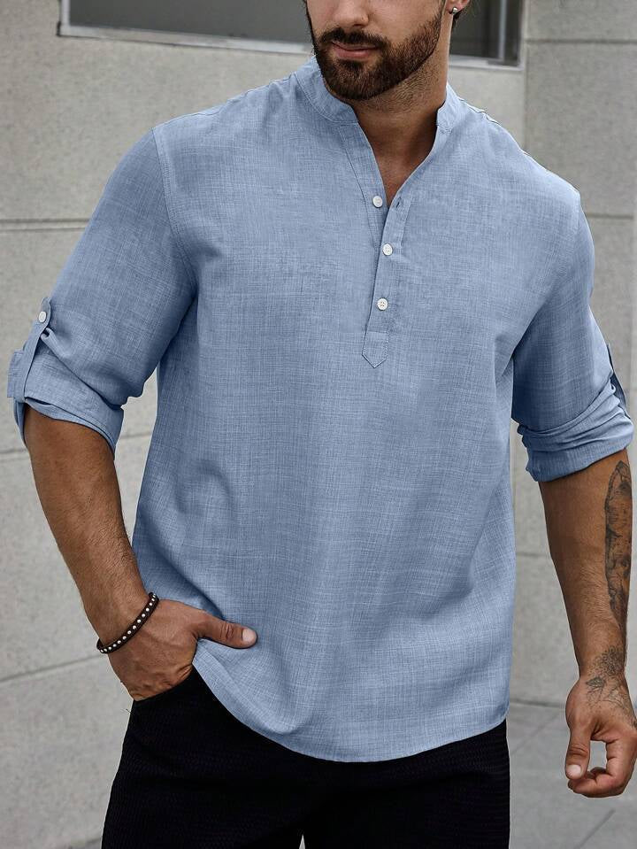 Men's Stand Collar Casual Long Sleeves Solid Color Shirt