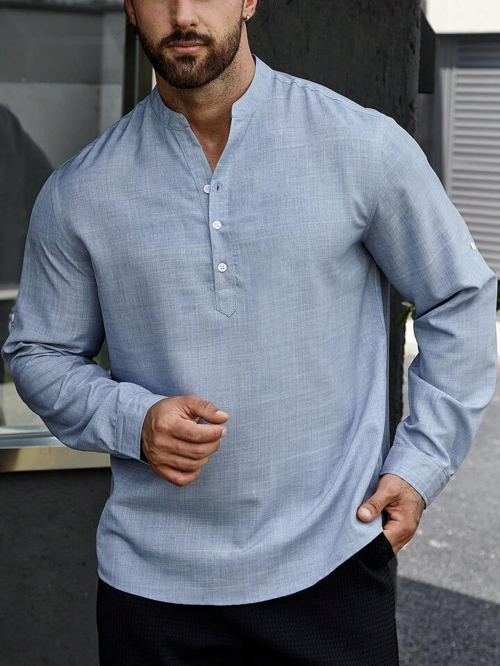 Men's Stand Collar Casual Long Sleeves Solid Color Shirt