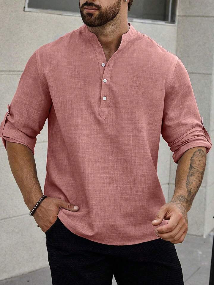 Men's Stand Collar Casual Long Sleeves Solid Color Shirt