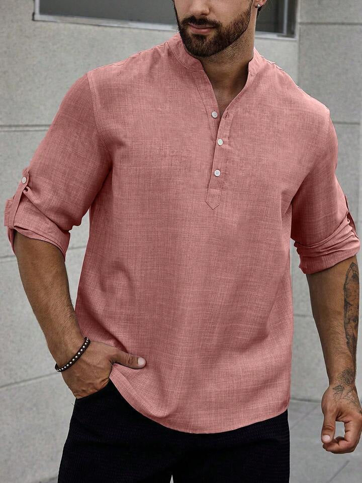 Men's Stand Collar Casual Long Sleeves Solid Color Shirt