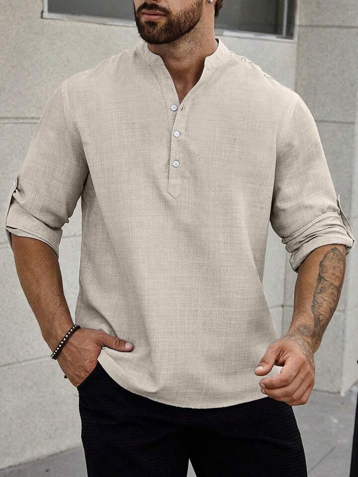 Men's Stand Collar Casual Long Sleeves Solid Color Shirt