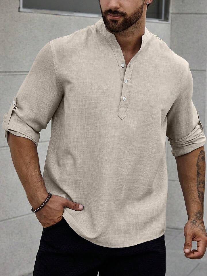 Men's Stand Collar Casual Long Sleeves Solid Color Shirt