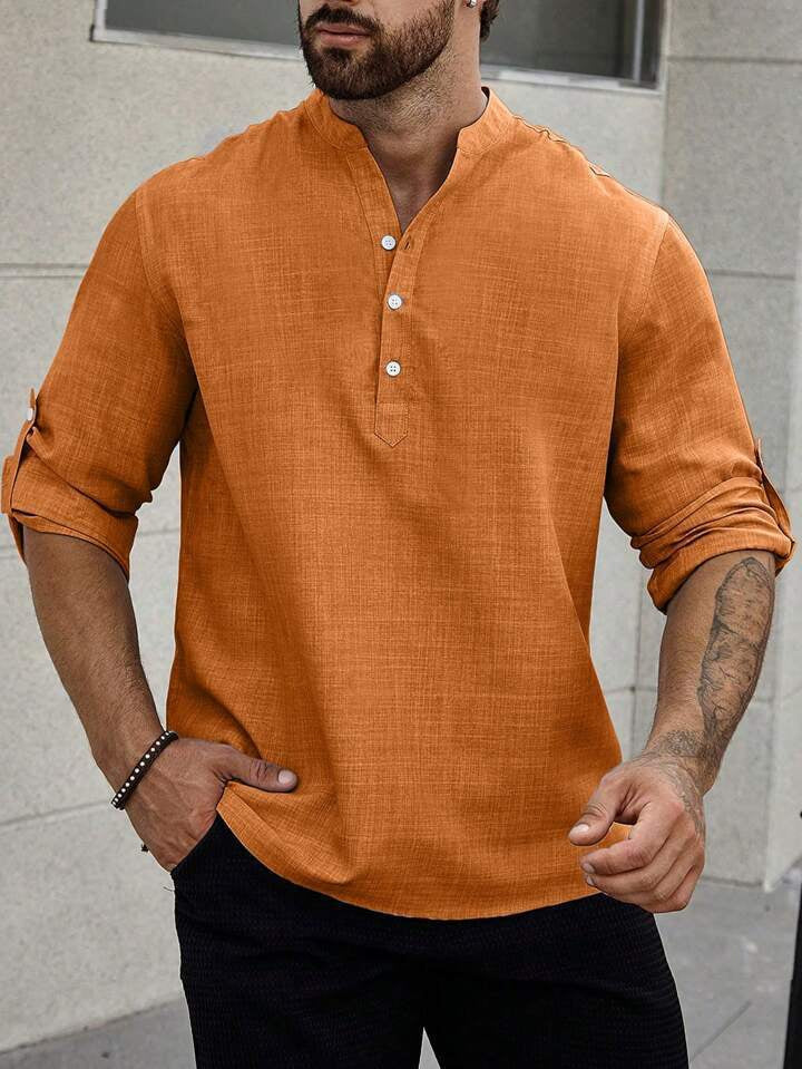 Men's Stand Collar Casual Long Sleeves Solid Color Shirt