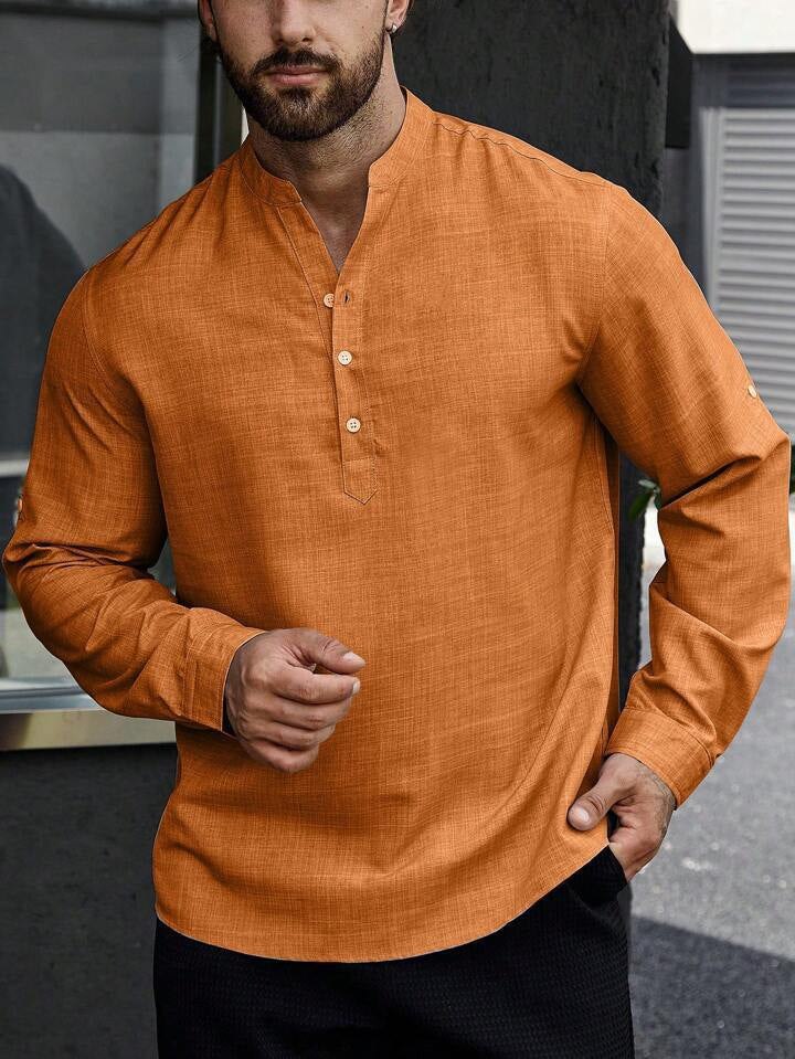 Men's Stand Collar Casual Long Sleeves Solid Color Shirt