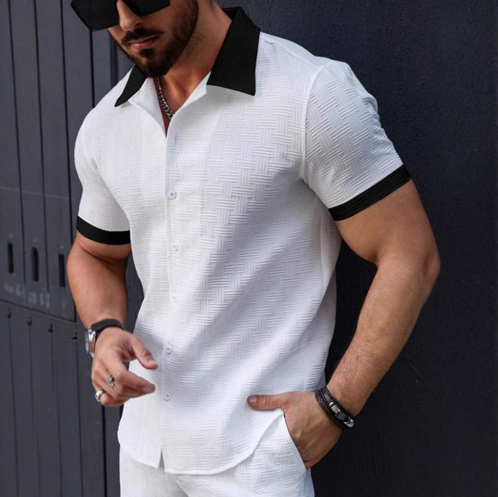 Men's Fashion Short Sleeves Jacquard Striped Business Casual Shirt