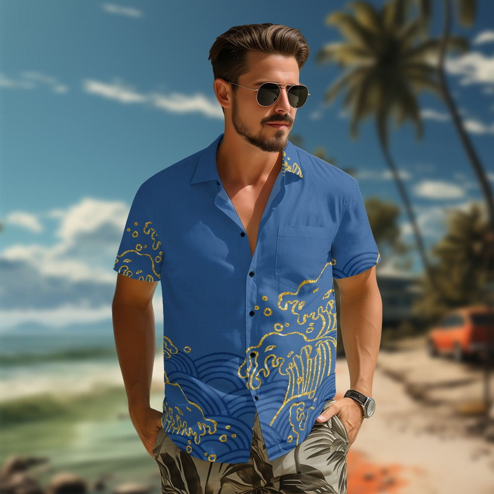 Men's Loose Short Sleeves Cotton Casual Shirt with Wave Pattern