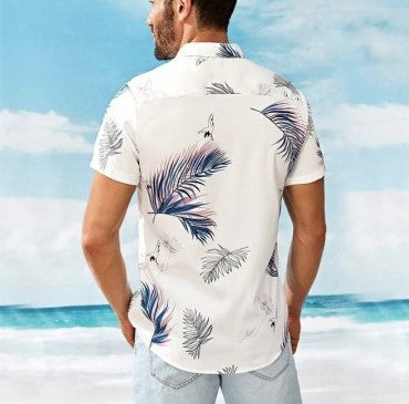 Men's Casual Short Sleeves Beach Shirt with Leaf Print