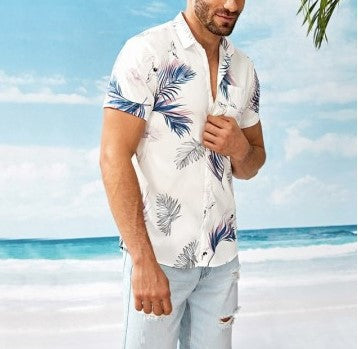 Men's Casual Short Sleeves Beach Shirt with Leaf Print