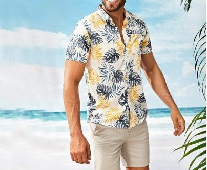 Men's Casual Short Sleeves Beach Shirt with Leaf Print