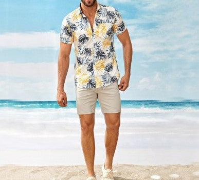 Men's Casual Short Sleeves Beach Shirt with Leaf Print