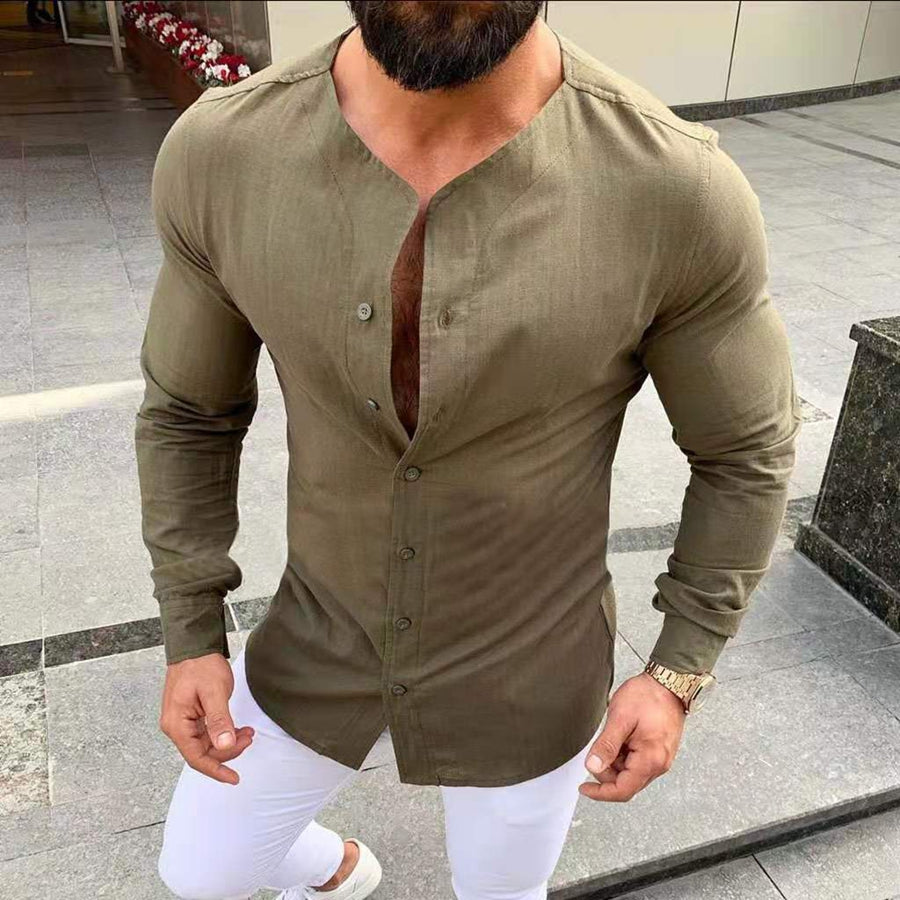 Men's Round Neck Long Sleeves Slim Fit Solid Color Shirt