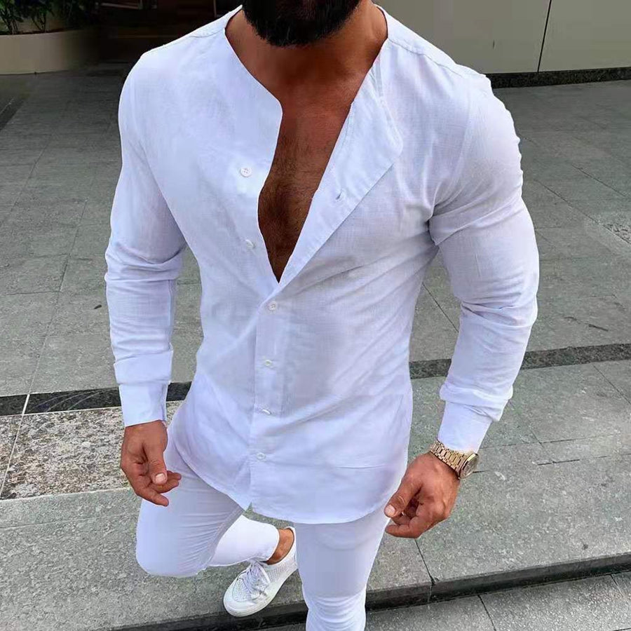 Men's Round Neck Long Sleeves Slim Fit Solid Color Shirt