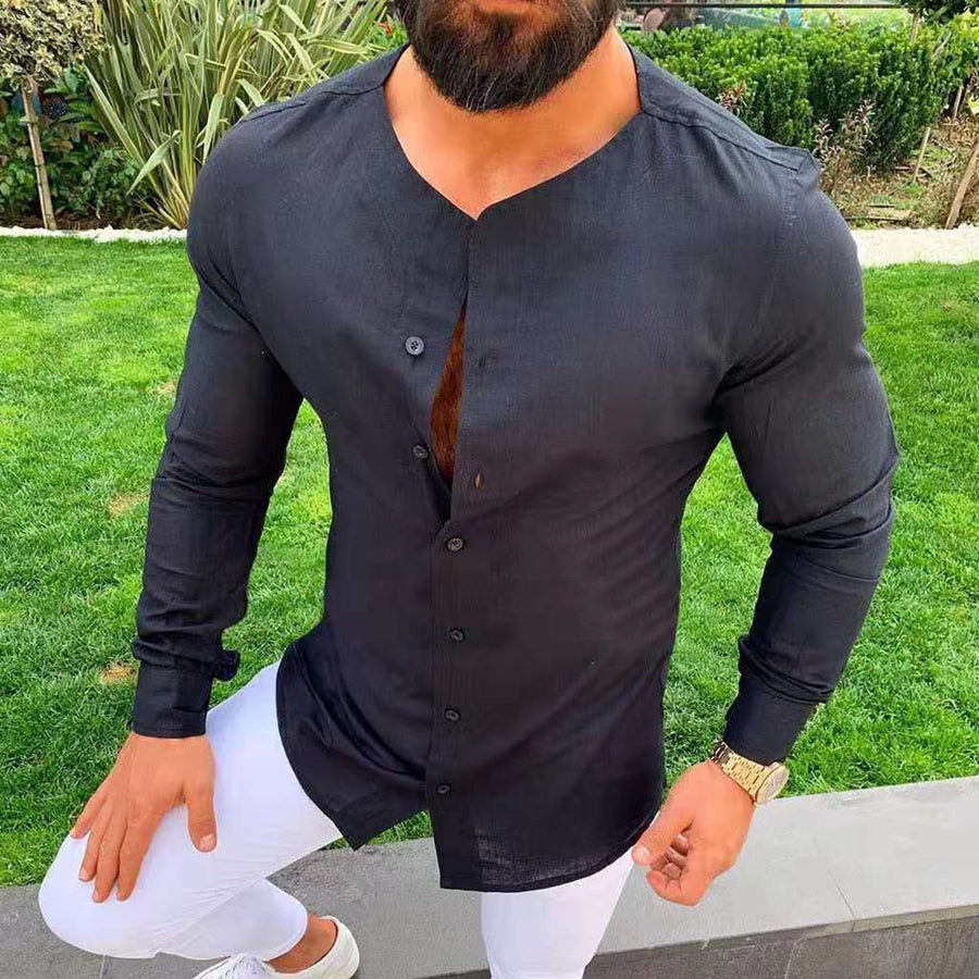 Men's Round Neck Long Sleeves Slim Fit Solid Color Shirt