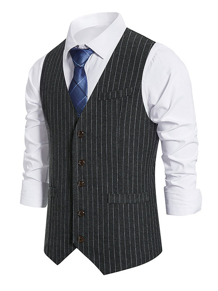 Black Men's Formal Striped Single Breasted Buttons Retro Vest