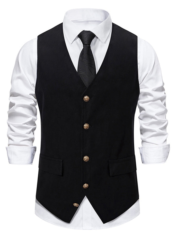 Black Men's Retro V-Neck Solid Single Breasted Buttons Casual Daily Vest with Pocket & Belt