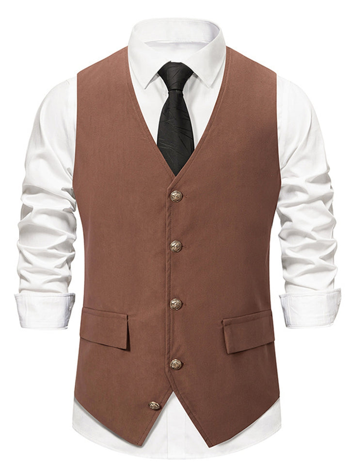 Black Men's Retro V-Neck Solid Single Breasted Buttons Casual Daily Vest with Pocket & Belt