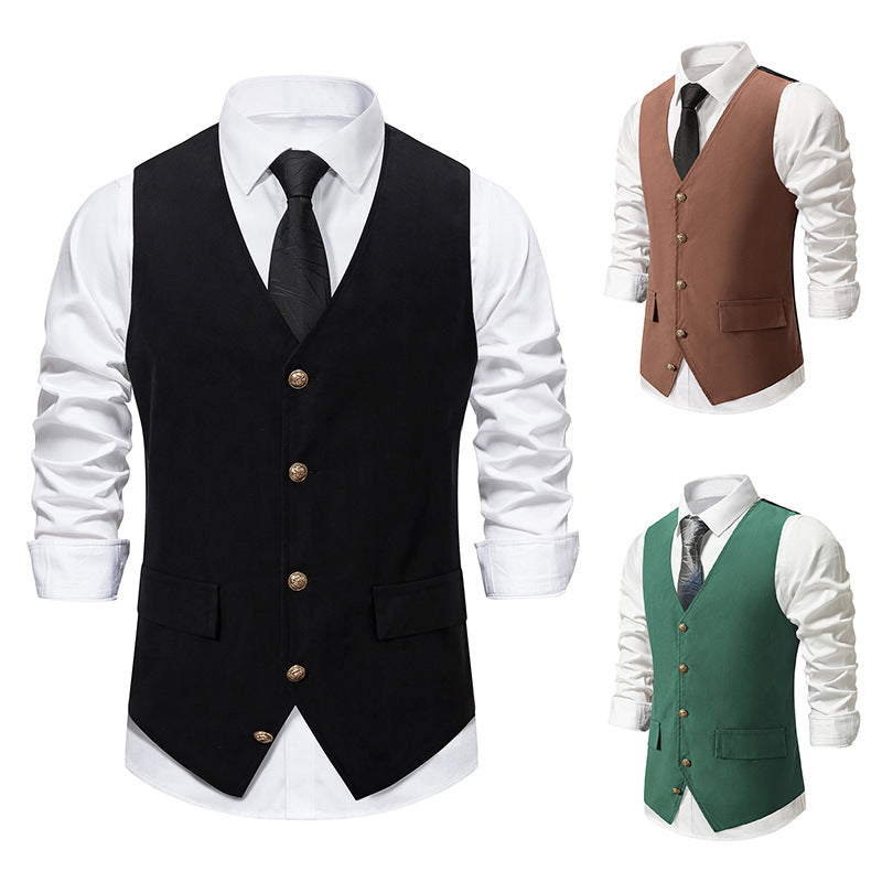 Black Men's Retro V-Neck Solid Single Breasted Buttons Casual Daily Vest with Pocket & Belt