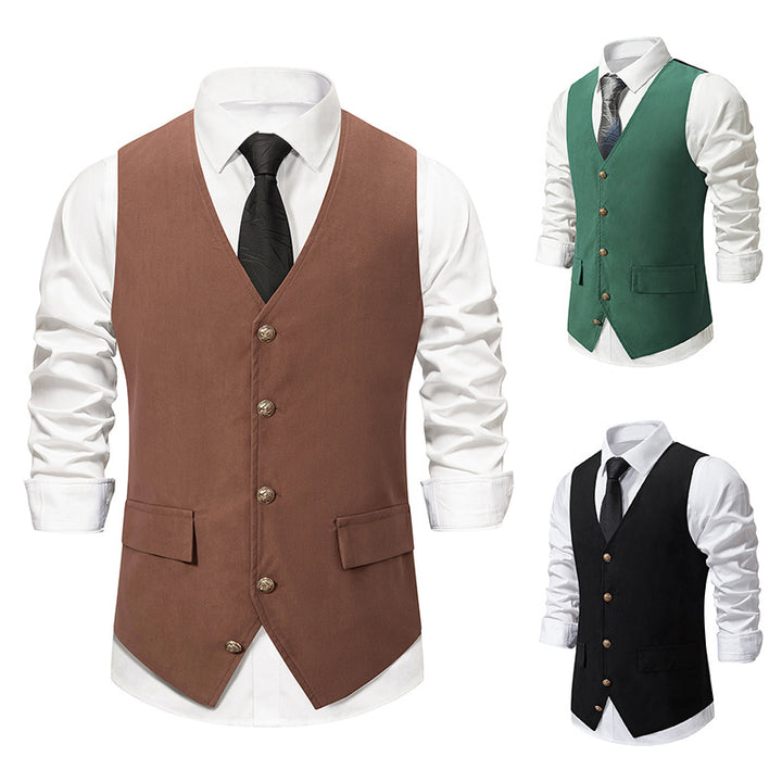 Black Men's Retro V-Neck Solid Single Breasted Buttons Casual Daily Vest with Pocket & Belt