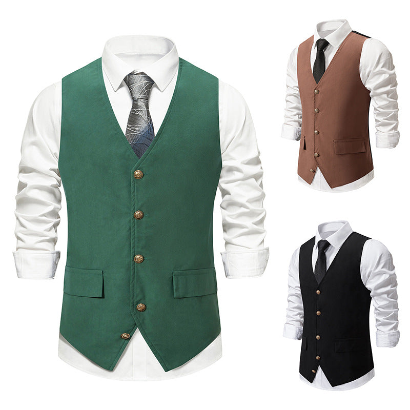 Black Men's Retro V-Neck Solid Single Breasted Buttons Casual Daily Vest with Pocket & Belt