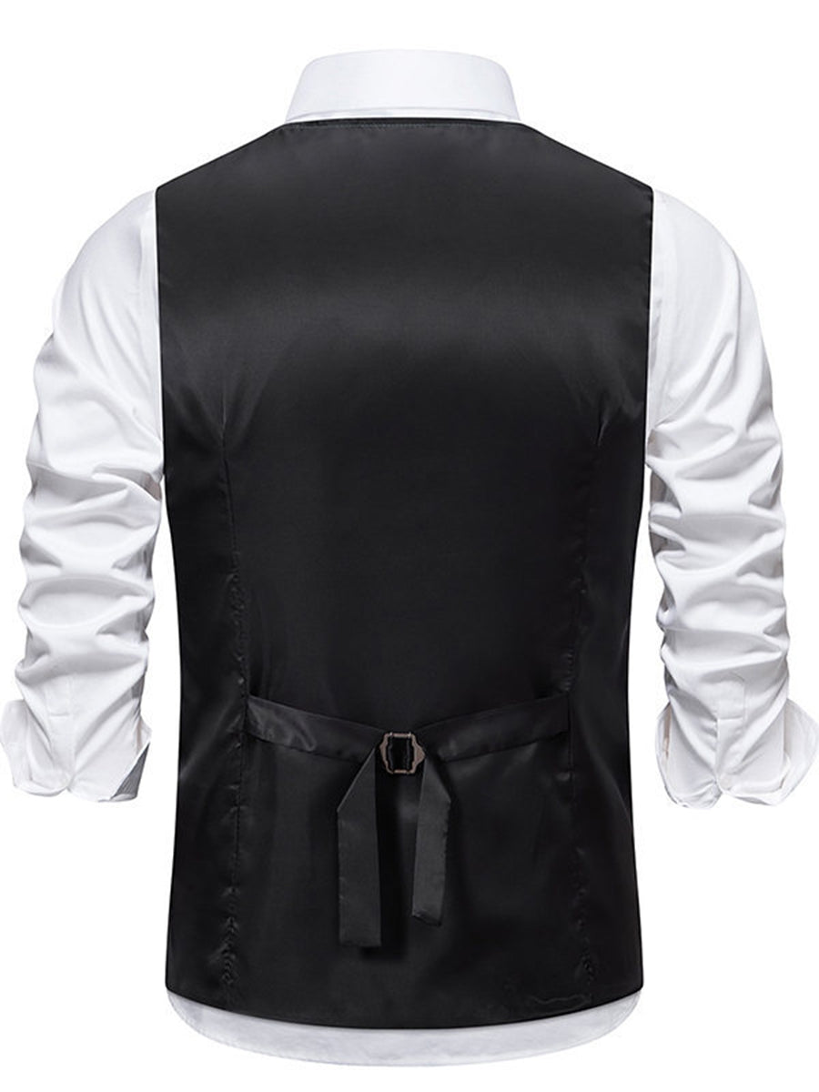 Black Men's Retro V-Neck Solid Single Breasted Buttons Casual Daily Vest with Pocket & Belt