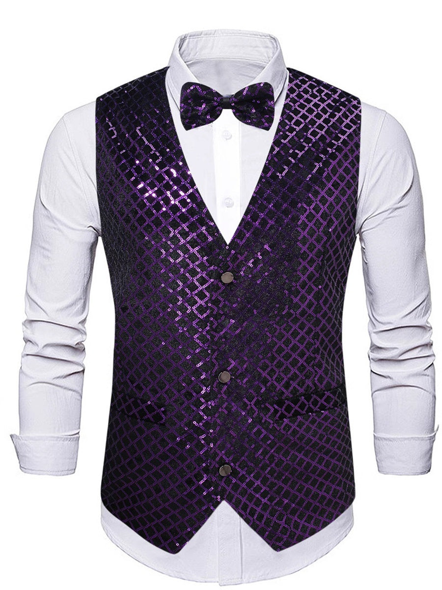 Purple Men's Sequins V-Neck Single Breasted Buttons Sparkling Party Vest with Pocket & Belt