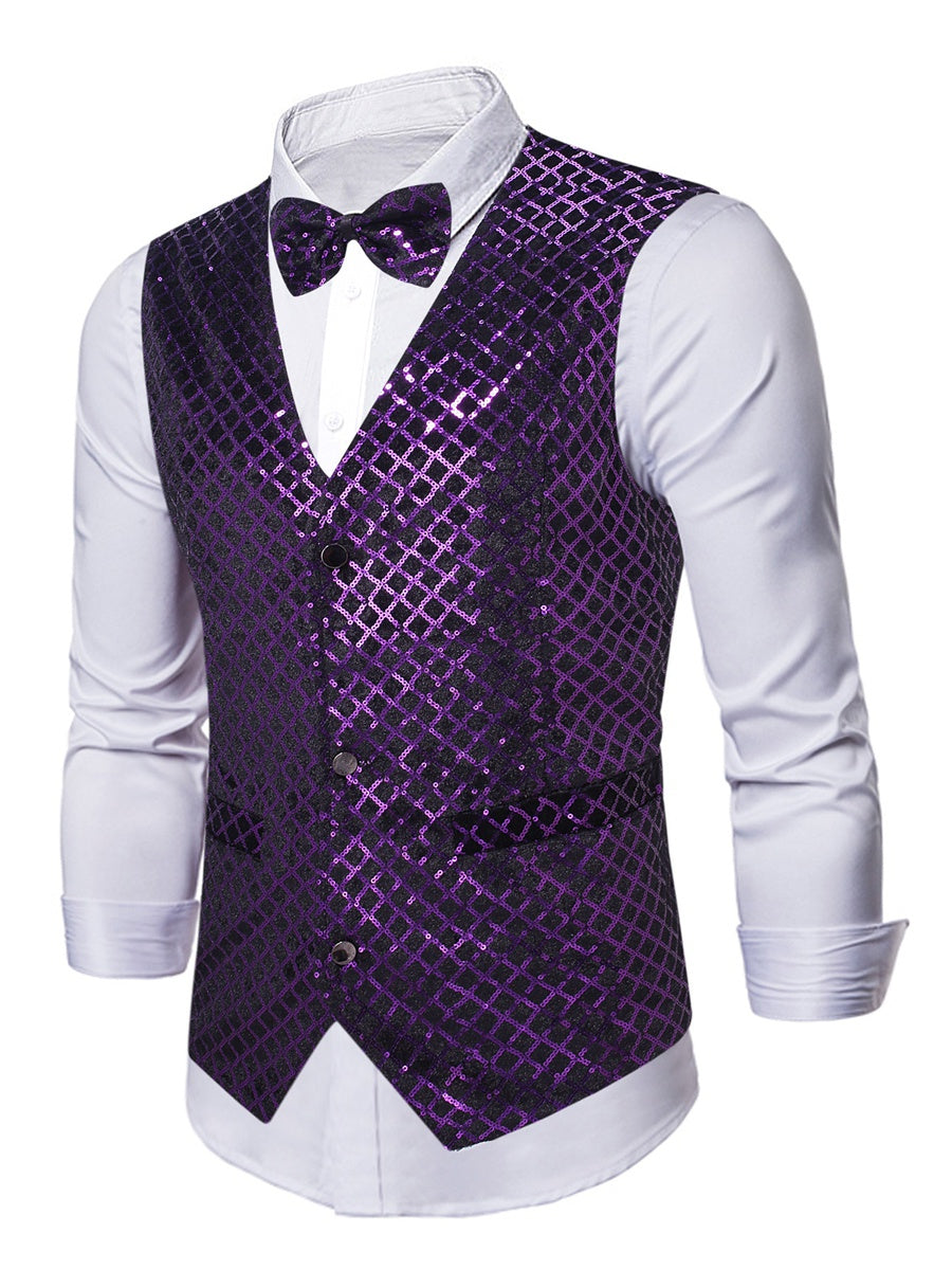 Purple Men's Sequins V-Neck Single Breasted Buttons Sparkling Party Vest with Pocket & Belt