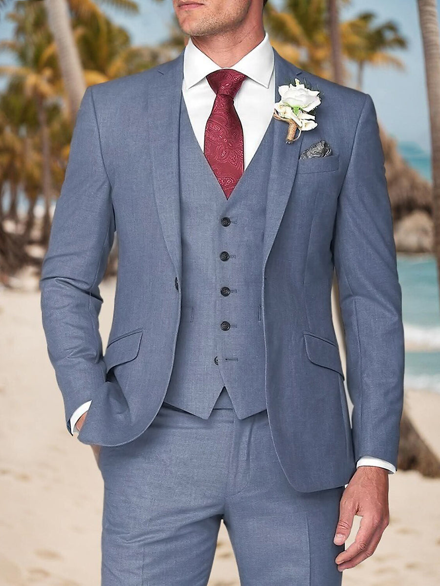 Dusty Blue Men's Tailored Fit Notch Single Breasted One-button Beach Wedding Party Suits