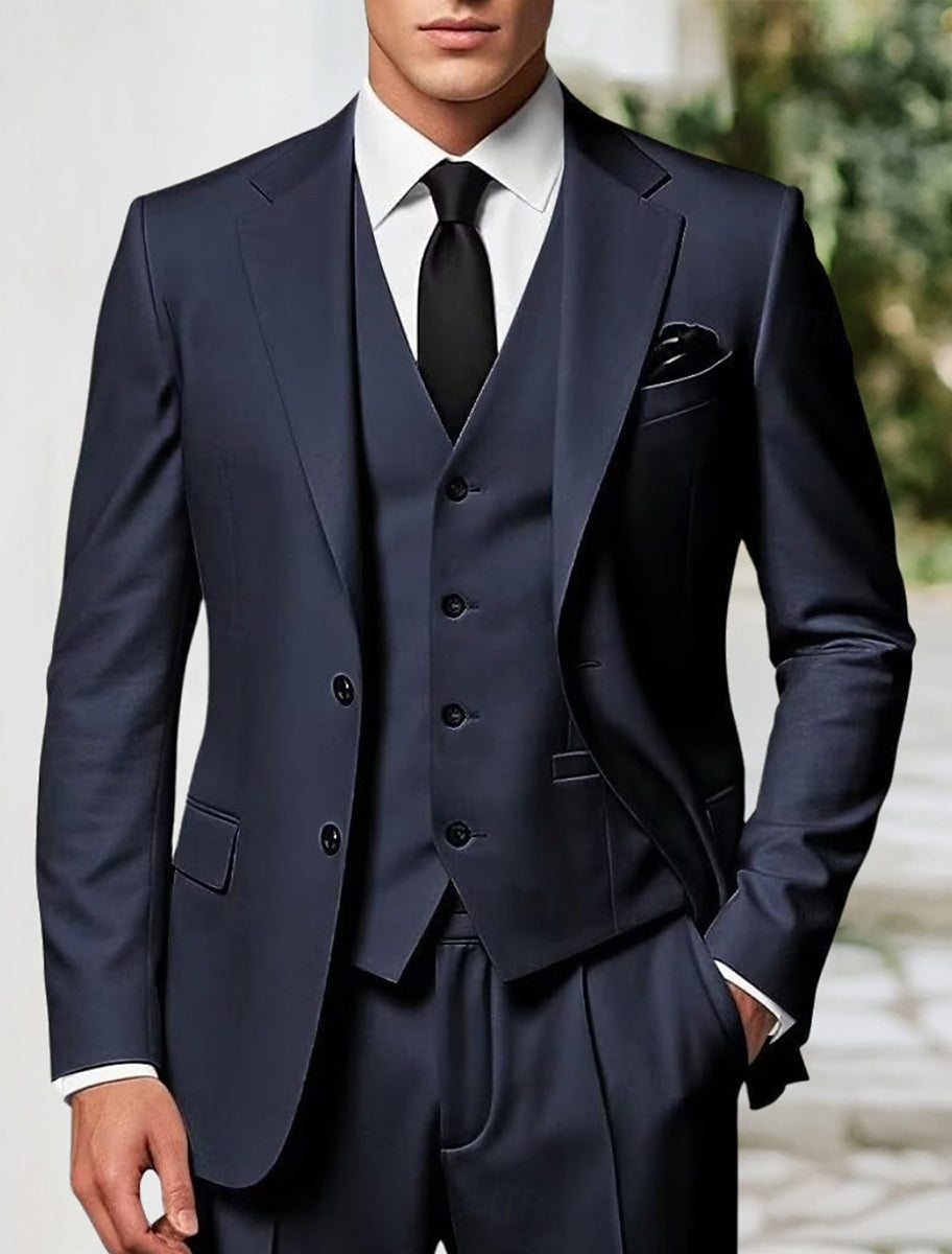 Navy Blue Men's Business Standard Fit Single Breasted Two-buttons 3 Pieces Wedding Party Suits