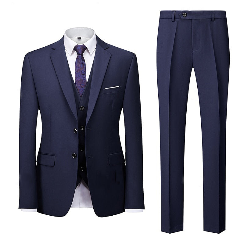 Navy Blue Men's Business Standard Fit Single Breasted Two-buttons 3 Pieces Wedding Party Suits