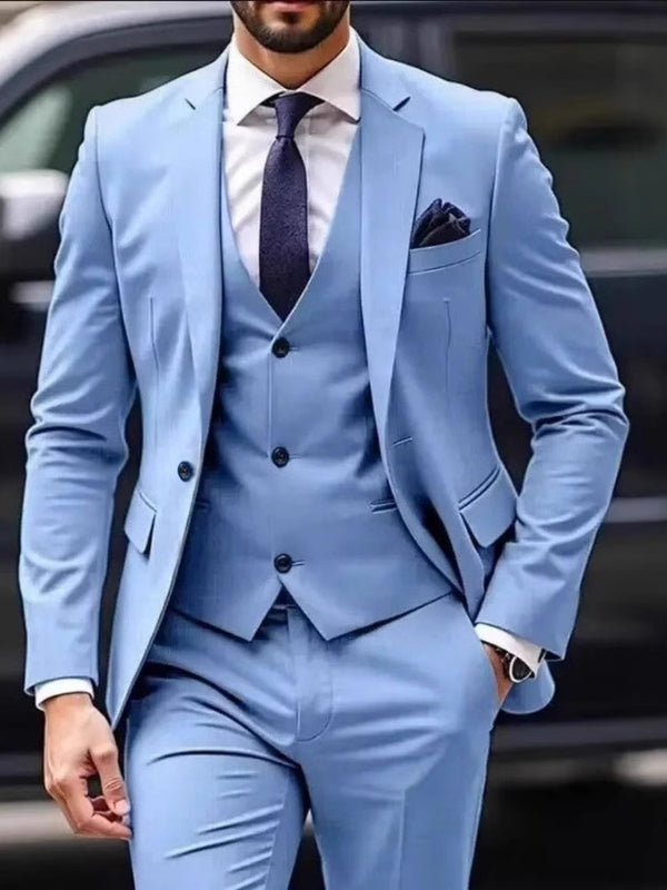 Sky Blue Men's 3 Pieces Standard Fit Single Breasted One-buttons Wedding Formal Party Suits