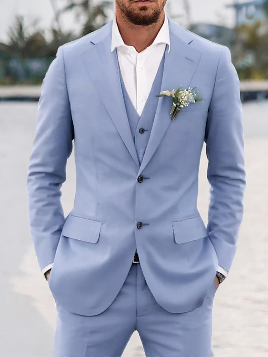 Sky Blue Men's 3 Pieces Single Breasted Two-buttons Tailored Fit