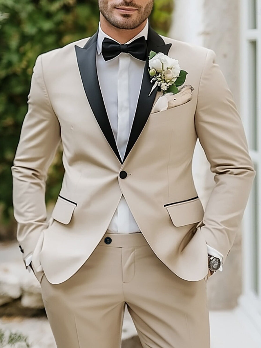 beige mini sweater dress Slim Fit Beige Wedding Tuxedos with Black Satin Lapel ,Men Groom Suits –  classbydress