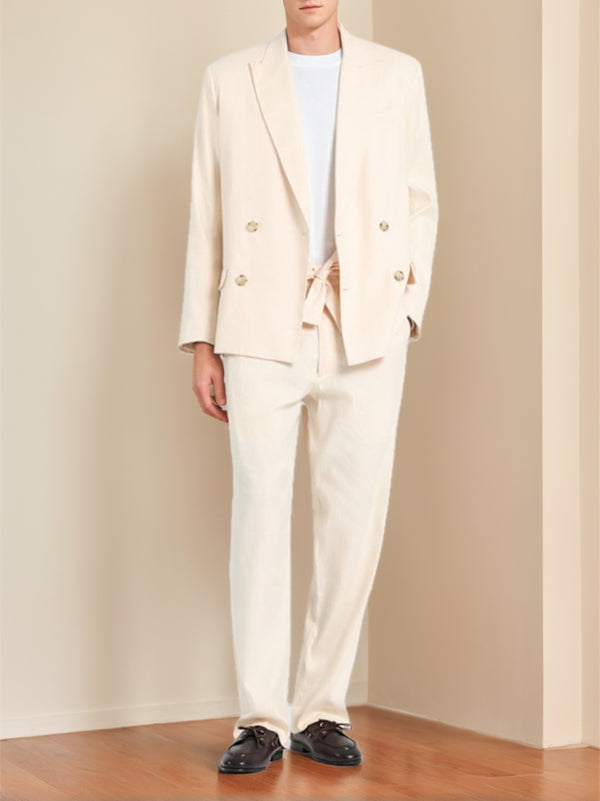 Men's Cream Single Breasted Four-buttons Peaked Lapel Casual Party Business Suits with Pockets