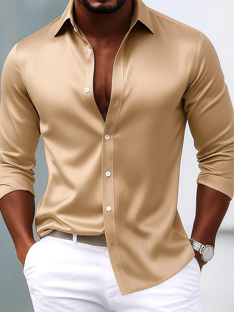 Men's Lapel Neck Long Sleeves Breathable Slim Fit Solid Color Shirt