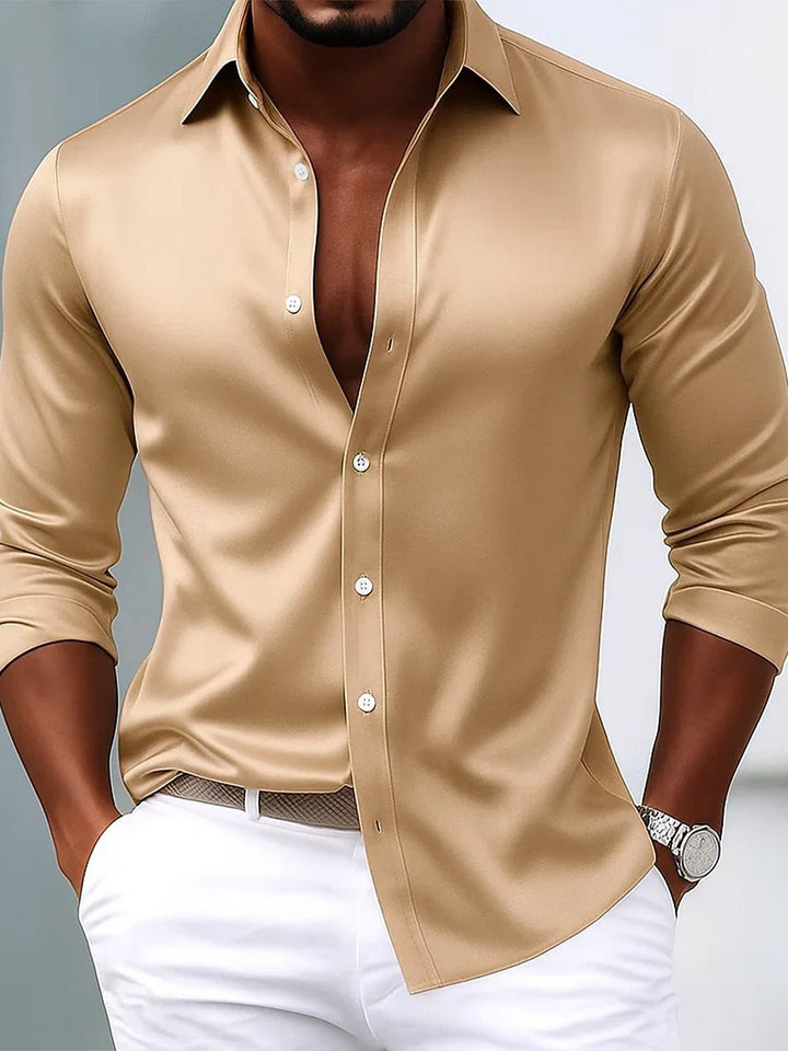 Men's Lapel Neck Long Sleeves Breathable Slim Fit Solid Color Shirt