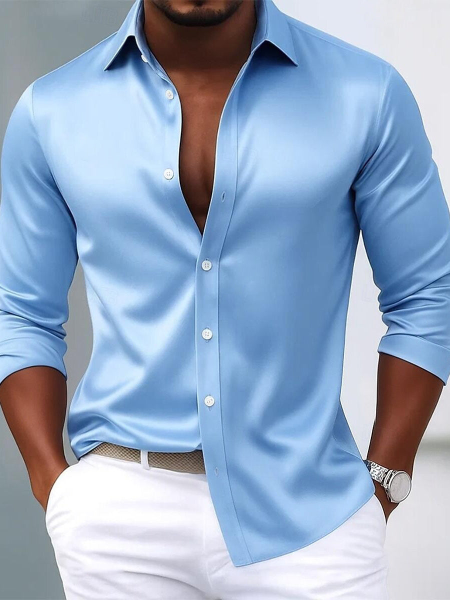 Men's Lapel Neck Long Sleeves Breathable Slim Fit Solid Color Shirt