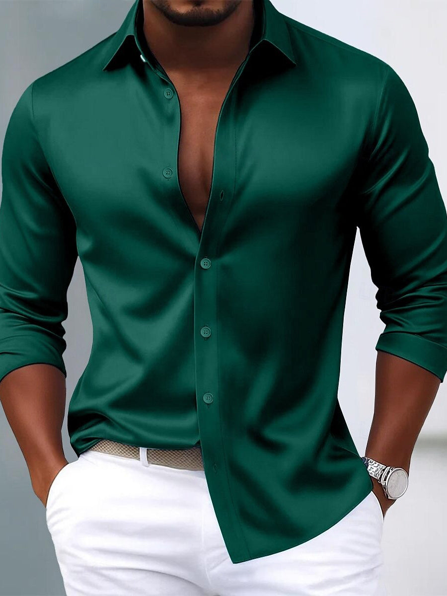Men's Lapel Neck Long Sleeves Breathable Slim Fit Solid Color Shirt
