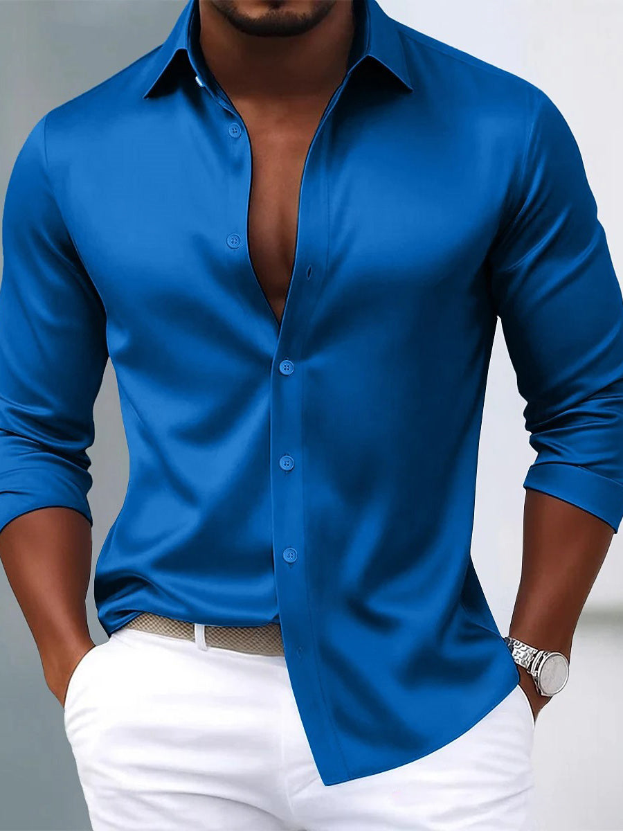 Men's Lapel Neck Long Sleeves Breathable Slim Fit Solid Color Shirt