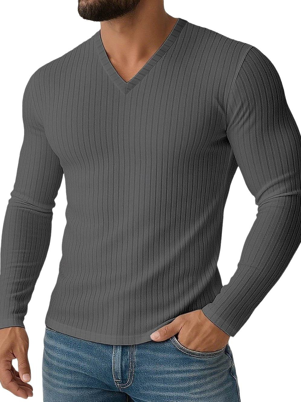 Men's Shirt Stretchy Slim Fit V Neck Solid Color Long Sleeves Shirt